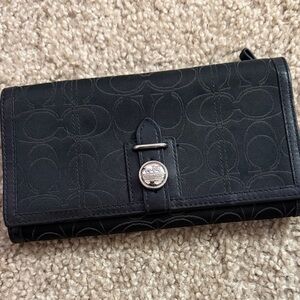 Coach Black Signature Canvas Continental Wallet with Logo Snap